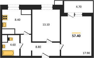 Планировка двухкомнатной(квартира) площадью 57.4 квадратных метров в “ЖК Парк Легенд 2”