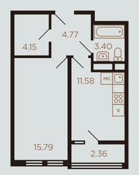 Планировка однокомнатной(квартира) площадью 42 квадратных метров в ЖК “ЖК Миниполис Рафинад”