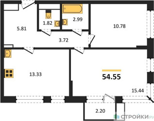 Планировка двухкомнатной(квартира) площадью 54.55 квадратных метров в ЖК “ЖК Новое Внуково”