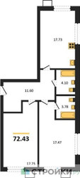 Планировка двухкомнатной(квартира) площадью 72.43 квадратных метров в ЖК “ЖК Бархат”