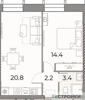 Планировка однокомнатной(квартира) площадью 40.8 квадратных метров в “ЖК ЗИЛАРТ”