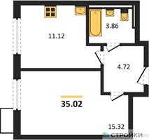 Планировка однокомнатной(квартира) площадью 35.02 квадратных метров в “ЖК Мытищи Парк”