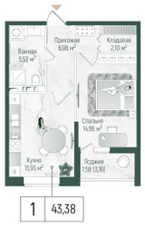 Планировка однокомнатной(квартира) площадью 44.96 квадратных метров в ЖК “ЖК Рига Хиллс”