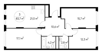 Планировка трехкомнатной(квартира) площадью 83.7 квадратных метров в ЖК “ЖК Переделкино Ближнее”