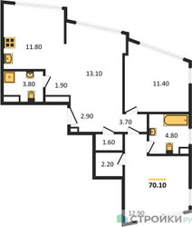 Планировка двухкомнатной(квартира) площадью 70.1 квадратных метров в ЖК “ЖК ROTTERDAM (Роттердам)”