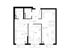 Планировка двухкомнатной(квартира) площадью 58.3 квадратных метров в “ЖК Ильинские луга”