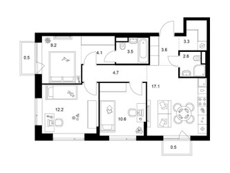 Планировка трехкомнатной(квартира) площадью 70.9 квадратных метров в ЖК “Бунинская набережная”