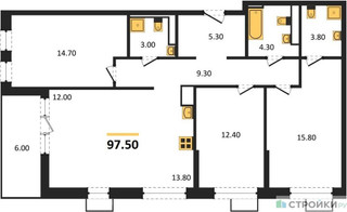 Планировка трехкомнатной(квартира) площадью 97.5 квадратных метров в “ЖК Скандинавия”