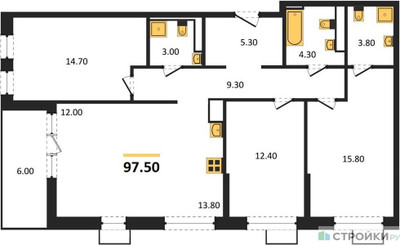 Планировка трехкомнатной(квартира) площадью 97.5 квадратных метров в ЖК “ЖК Скандинавия”