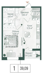 Планировка однокомнатной(квартира) площадью 40.5 квадратных метров в ЖК “ЖК Рига Хиллс”
