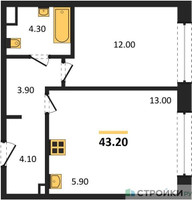 Планировка однокомнатной(квартира) площадью 43.2 квадратных метров в “Жилые кварталы Белый Град”