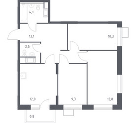 Планировка трехкомнатной(квартира) площадью 64.9 квадратных метров в ЖК “ЖК Цветочные Поляны”