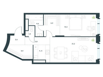 Планировка двухкомнатной(квартира) площадью 63.7 квадратных метров в ЖК “ЖК Level Академическая”