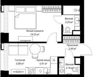 Планировка однокомнатной(квартира) площадью 34.79 квадратных метров в ЖК “ЖК Веер”