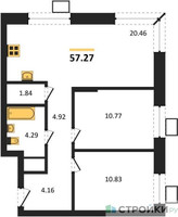 Планировка двухкомнатной(квартира) площадью 57.27 квадратных метров в “ЖК Апарт-отель Тропарево парк”