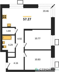 Планировка двухкомнатной(квартира) площадью 57.27 квадратных метров в ЖК “ЖК Апарт-отель Тропарево парк”