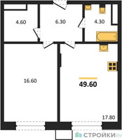 Планировка однокомнатной(квартира) площадью 49.6 квадратных метров в “ЖК Резиденции Сколково”