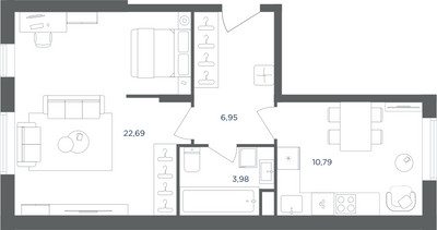 Планировка однокомнатной(квартира) площадью 44.5 квадратных метров в ЖК “ЖК Равновесие”