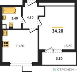 Планировка однокомнатной(квартира) площадью 34.2 квадратных метров в ЖК “ЖК 1-й Донской (Первый Донской)”