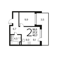 Планировка двухкомнатной(квартира) площадью 40.7 квадратных метров в “Новые Ватутинки. Заречный”