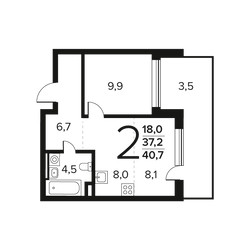 Планировка двухкомнатной(квартира) площадью 40.7 квадратных метров в ЖК “Новые Ватутинки. Заречный”