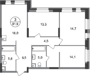 Планировка трехкомнатной(квартира) площадью 81.9 квадратных метров в ЖК “ЖК Первый Московский”