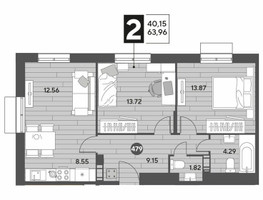 Планировка двухкомнатной(квартира) площадью 63.96 квадратных метров в “ЖК Публицист”