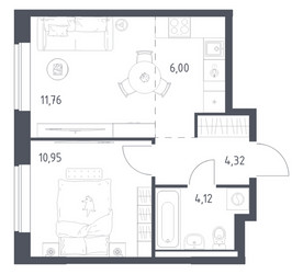 Планировка однокомнатной(квартира) площадью 37.15 квадратных метров в ЖК “ЖК Новое Видное”