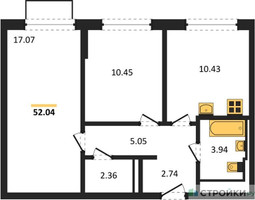 Планировка двухкомнатной(квартира) площадью 52.04 квадратных метров в “ЖК Рублевский Квартал”
