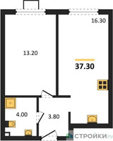 Планировка однокомнатной(квартира) площадью 37.3 квадратных метров в “ЖК Лучи-2”