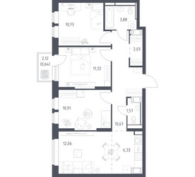 Планировка трехкомнатной(квартира) площадью 70.14 квадратных метров в ЖК “ЖК Большое Путилково”