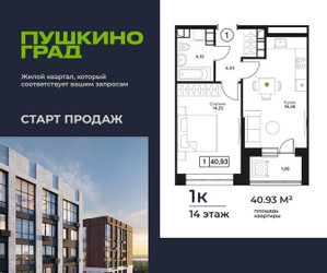 Планировка однокомнатной(квартира) площадью 40.93 квадратных метров в ЖК “ЖК Пушкино Град”