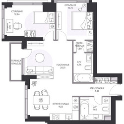 Планировка трехкомнатной(квартира) площадью 72.6 квадратных метров в ЖК “ЖК Hide (Хайд)”