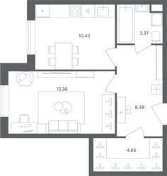 Планировка однокомнатной(квартира) площадью 40.1 квадратных метров в ЖК “ЖК Равновесие”