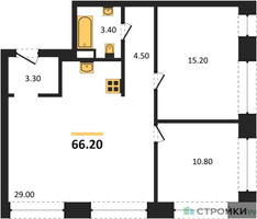 Планировка двухкомнатной(квартира) площадью 66.2 квадратных метров в “ЖК Wave (Вейв)”