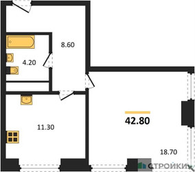Планировка однокомнатной(квартира) площадью 42.8 квадратных метров в ЖК “ЖК Мираполис”