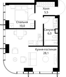 Планировка однокомнатной(квартира) площадью 49.6 квадратных метров в ЖК “ЖК Сити Бэй”