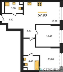 Планировка двухкомнатной(квартира) площадью 57 квадратных метров в ЖК “Архитектурный проект U2 (ЮТУ)”