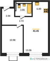 Планировка однокомнатной(квартира) площадью 41.45 квадратных метров в “ЖК Квартал Западный”