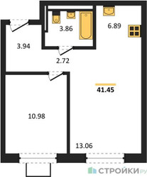 Планировка однокомнатной(квартира) площадью 41.45 квадратных метров в ЖК “ЖК Квартал Западный”