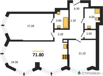 Планировка двухкомнатной(квартира) площадью 71.8 квадратных метров в ЖК “Акценты”