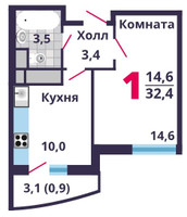 Планировка однокомнатной(квартира) площадью 32.4 квадратных метров в “ЖК Лобня Сити”