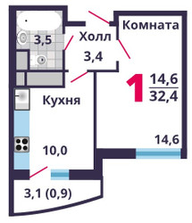 Планировка однокомнатной(квартира) площадью 32.4 квадратных метров в ЖК “ЖК Лобня Сити”