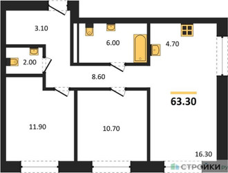 Планировка двухкомнатной(квартира) площадью 63.3 квадратных метров в ЖК “ЖК Квартал Метроном”