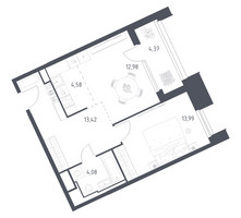 Планировка однокомнатной(апартаменты) площадью 53.42 квадратных метров в “ЖК Скай Спутник”