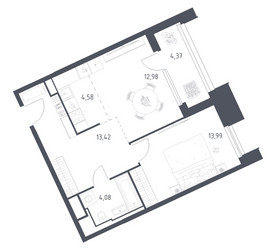 Планировка однокомнатной(апартаменты) площадью 53.42 квадратных метров в ЖК “ЖК Скай Спутник”