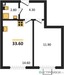 Планировка однокомнатной(квартира) площадью 33.6 квадратных метров в ЖК “ЖК Лучи-2”