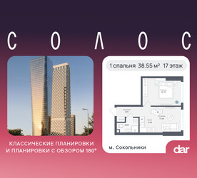 Планировка однокомнатной(квартира) площадью 38.55 квадратных метров в ЖК “ЖК Солос”