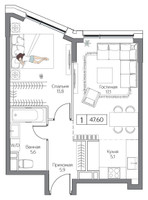 Планировка однокомнатной(квартира) площадью 47 квадратных метров в “ЖК Дрим Рива”