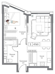 Планировка однокомнатной(квартира) площадью 47 квадратных метров в ЖК “ЖК Дрим Рива”